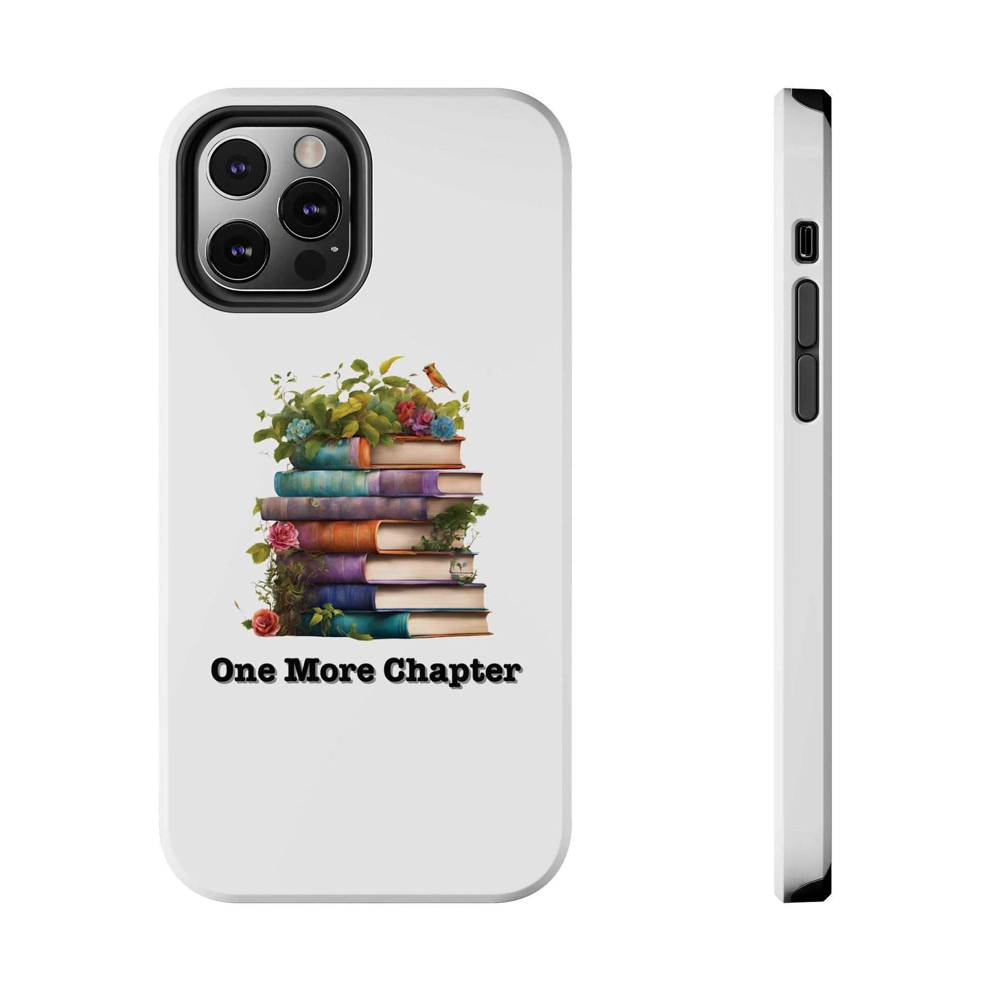 Phone case with book pile design, "One More Chapter," ideal for book lovers and protection.