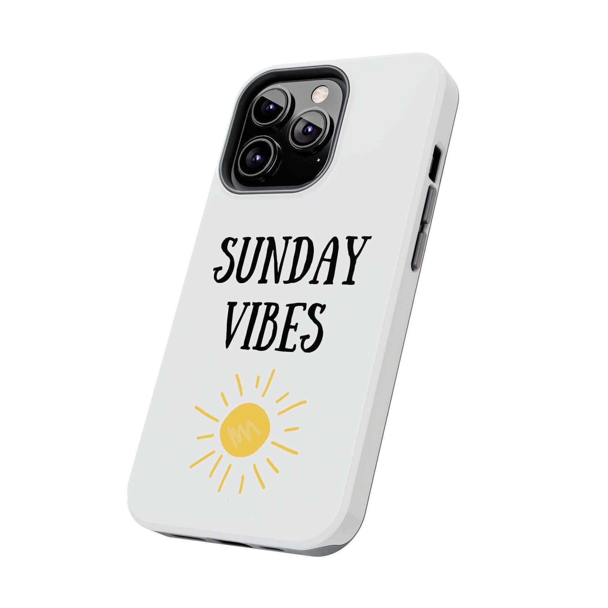 Phone case with 'Sunday Vibes' sun graphic design, durable Lexan plastic, glossy finish.