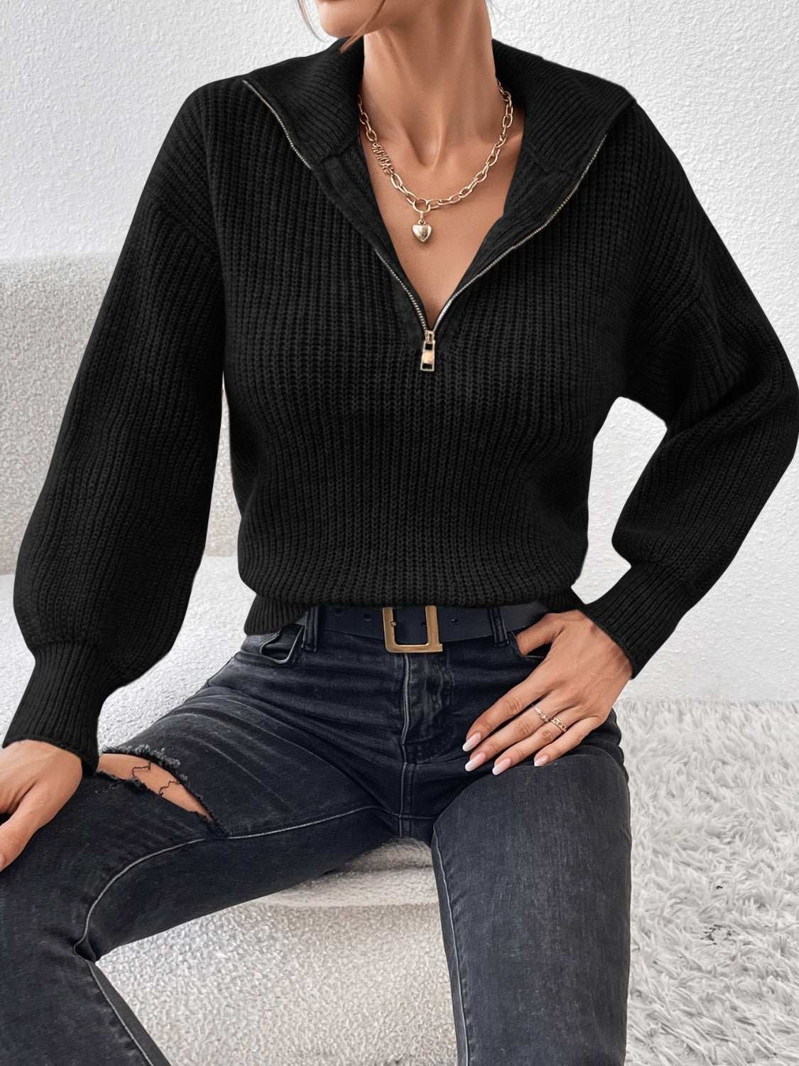 Honey Half Zip Dropped Shoulder Sweater Black