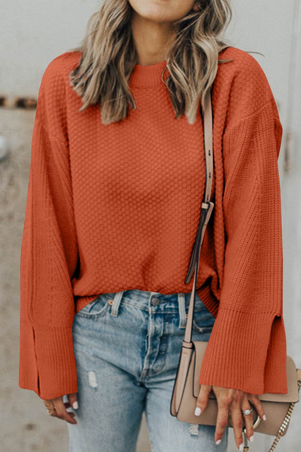 Textured Round Neck Long Sleeve Sweater Ochre