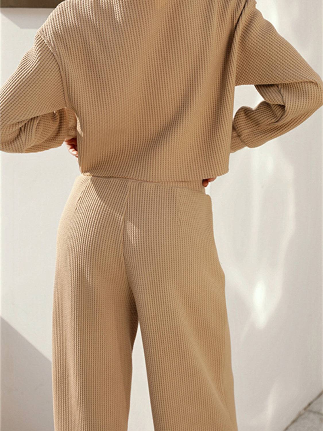 Waffle-knit round neck top and pants set in beige, two-piece outfit.