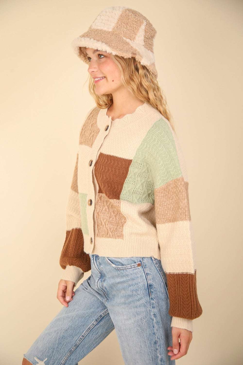 Color Block Button Down Textured Sweater Cardigan with drop shoulder and ribbed hem.