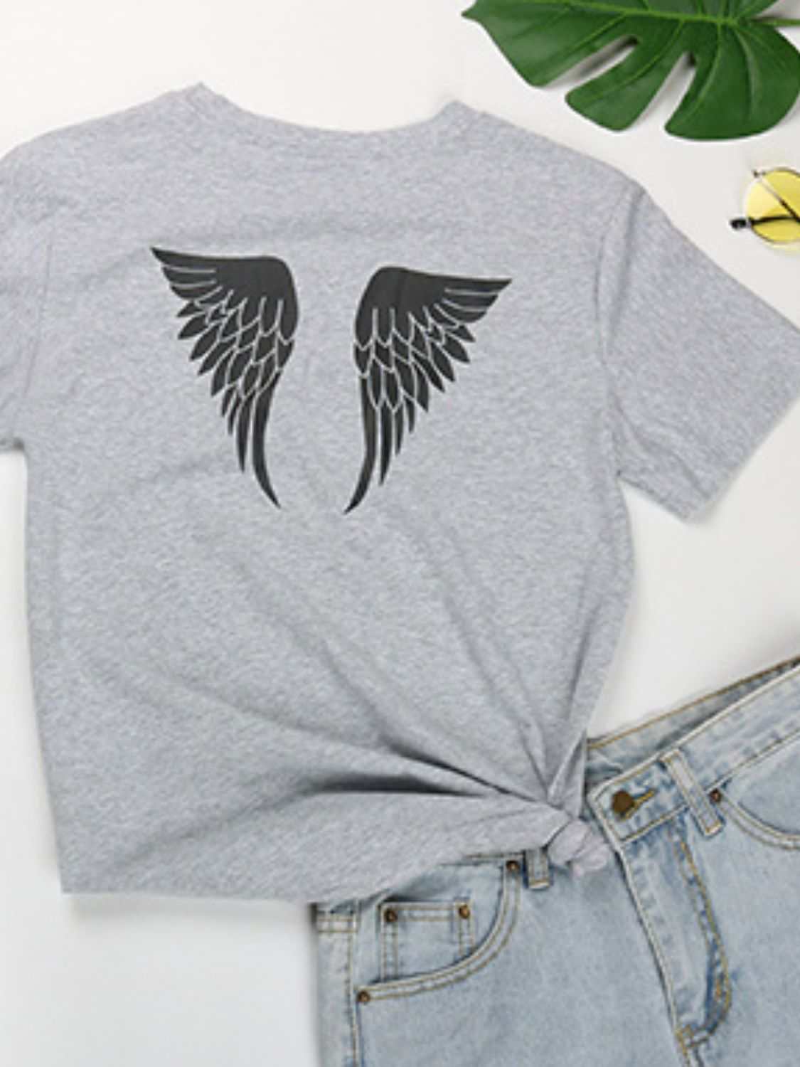 Perfee ANGEL Round Neck Short Sleeve T-Shirt with wing design, slightly stretchy, 95% cotton, 5% polyester.