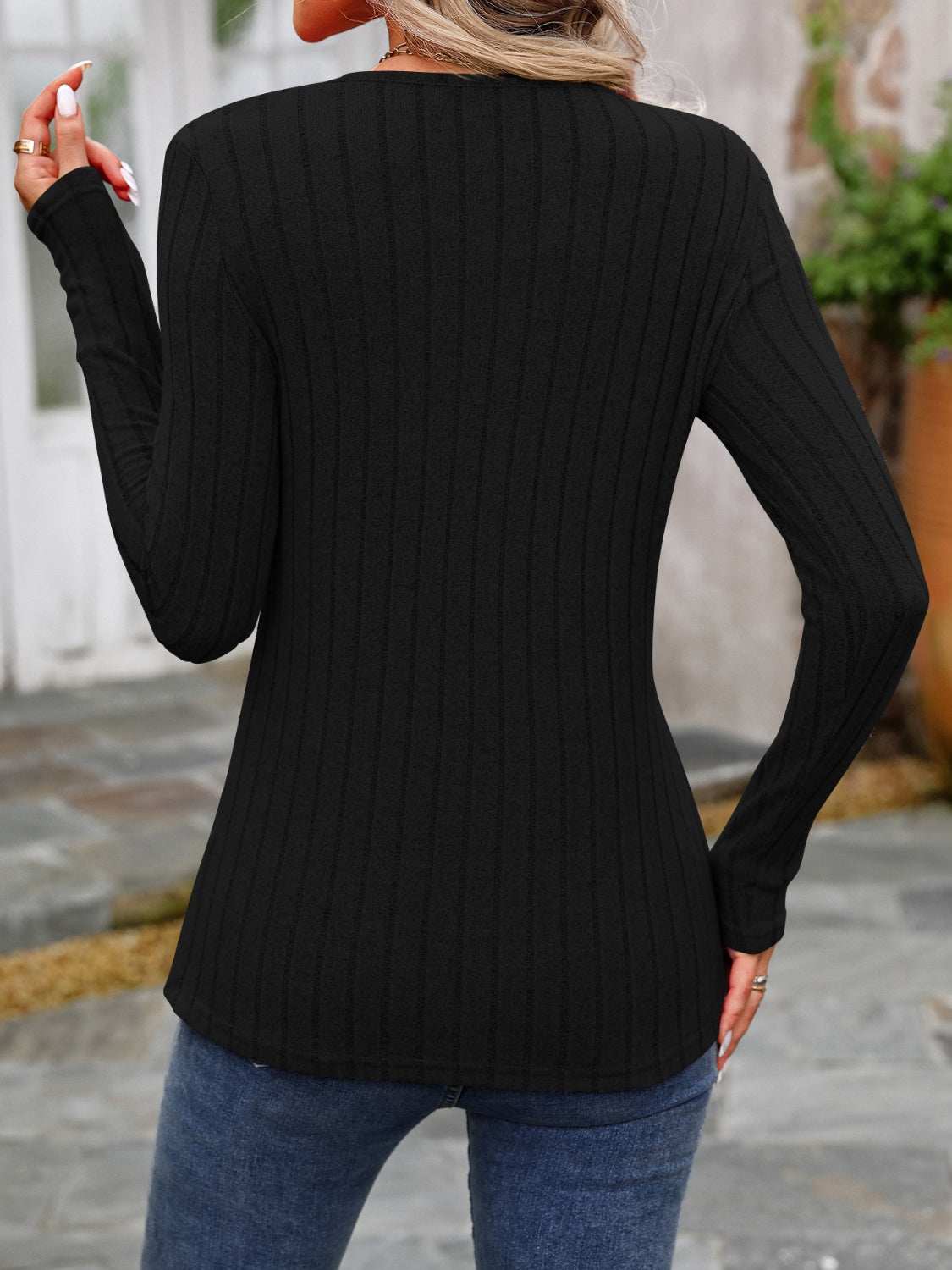 Decorative Button Round Neck Long Sleeve T-Shirt Black