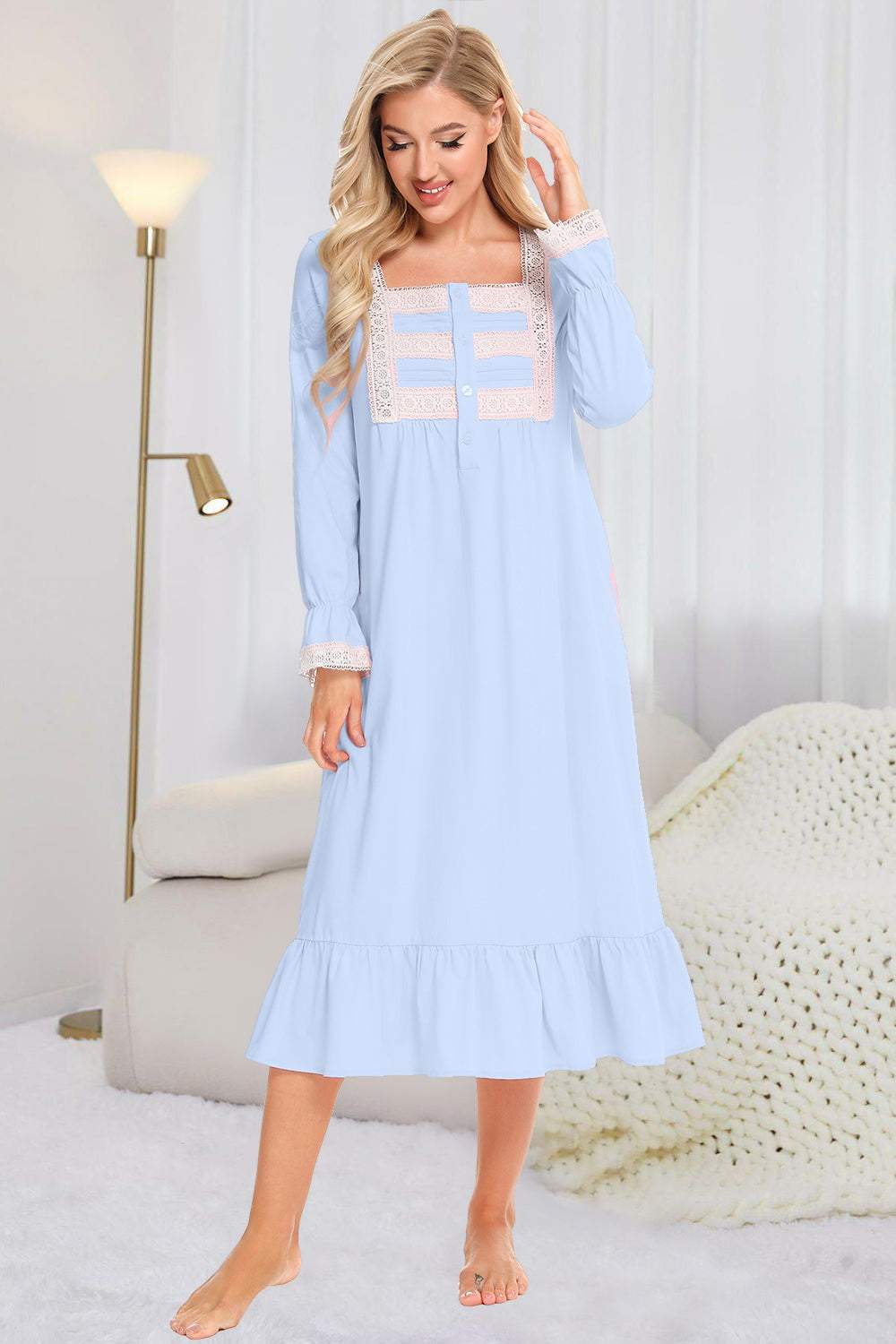 Lace detail square neck flounce sleeve night dress in blue fabric.