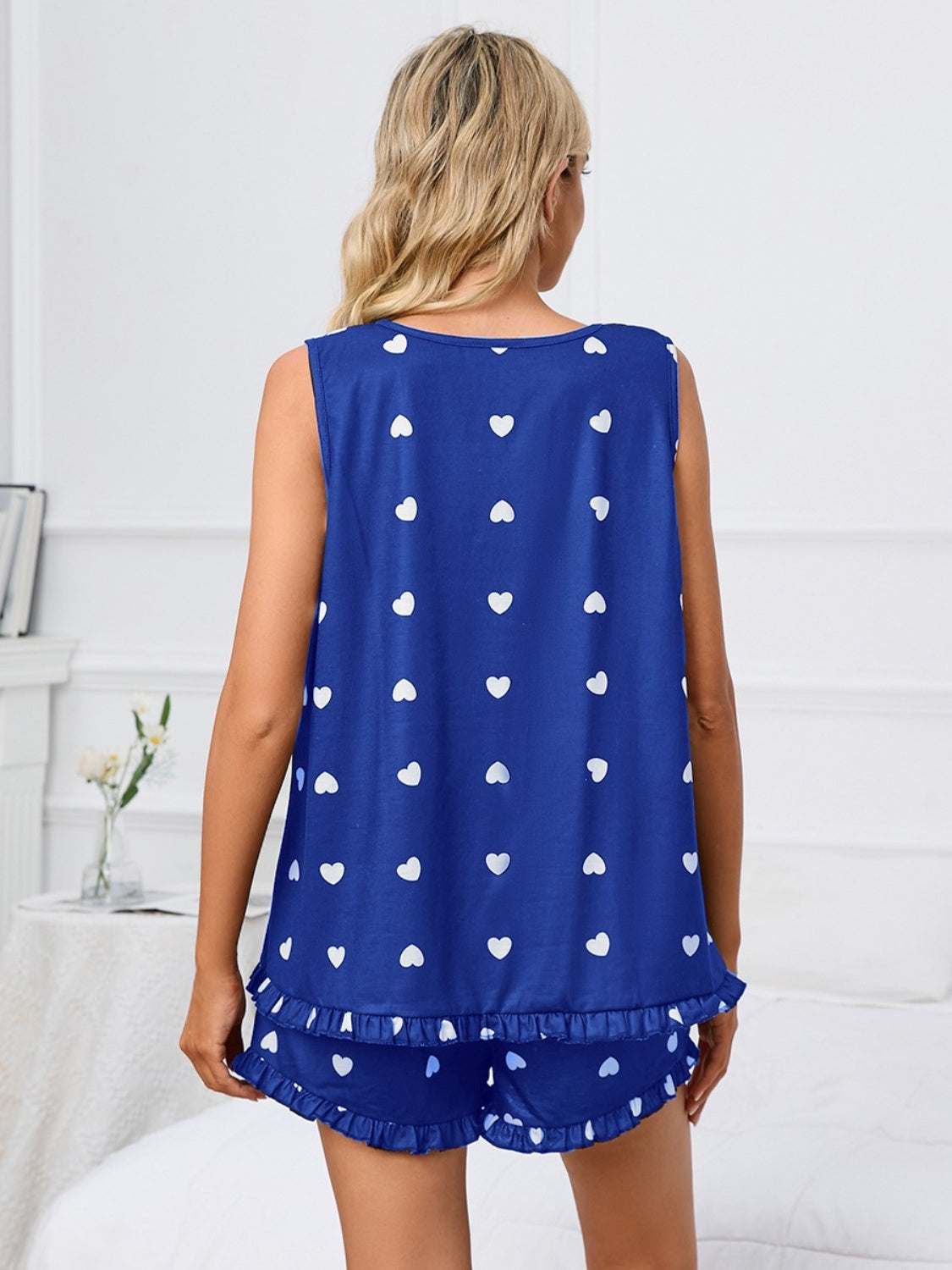 Blue heart scoop neck tank and shorts lounge set, two-piece, slightly stretchy, polyester and spandex blend.