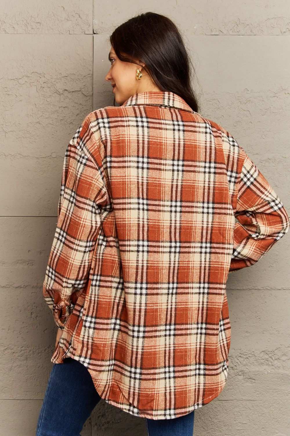 Ninexis Full Size Plaid Collared Neck Button-Down Long Sleeve Jacket Terracotta 