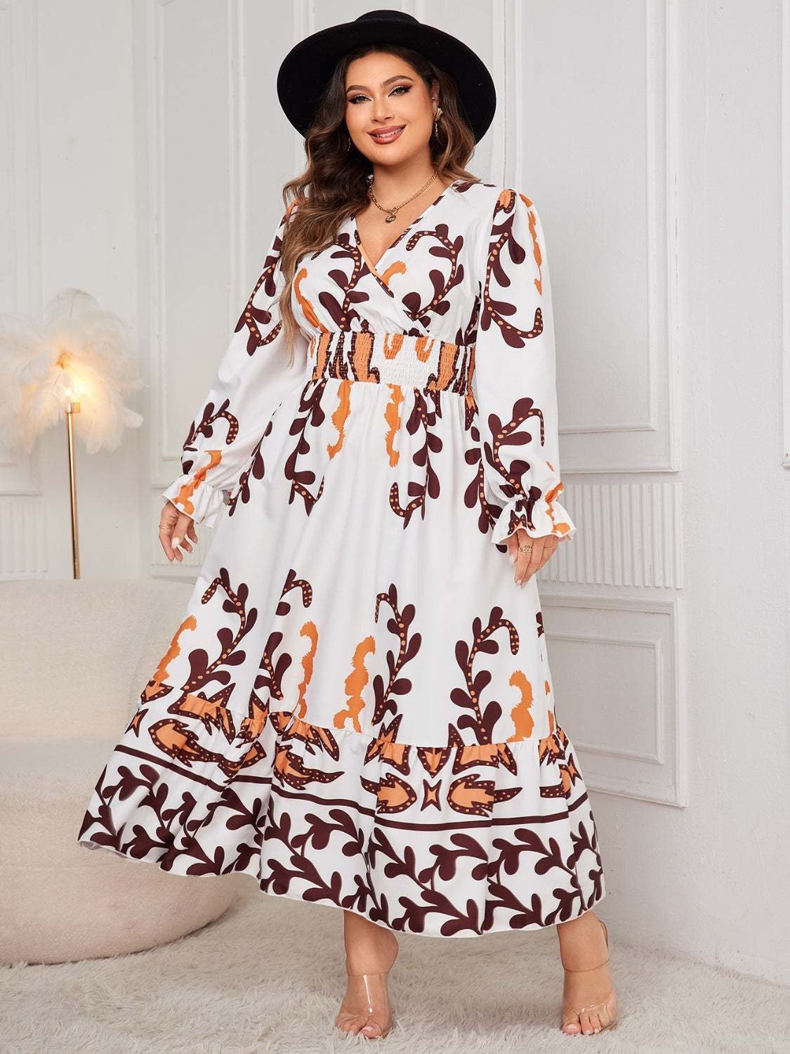 Honey Plus Size Printed Surplice Flounce Sleeve Dress White