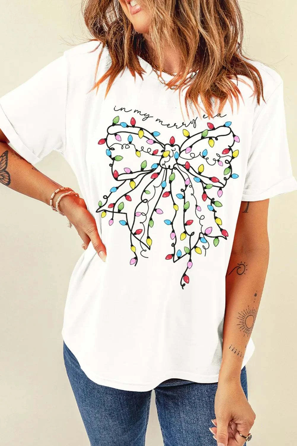 Full Size Bow Round Neck Short Sleeve T-Shirt with colorful bow design.