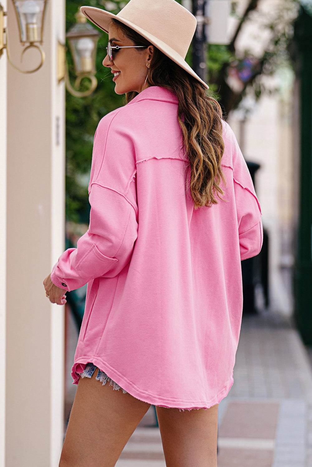 Button Front Shacket with Pockets Pink