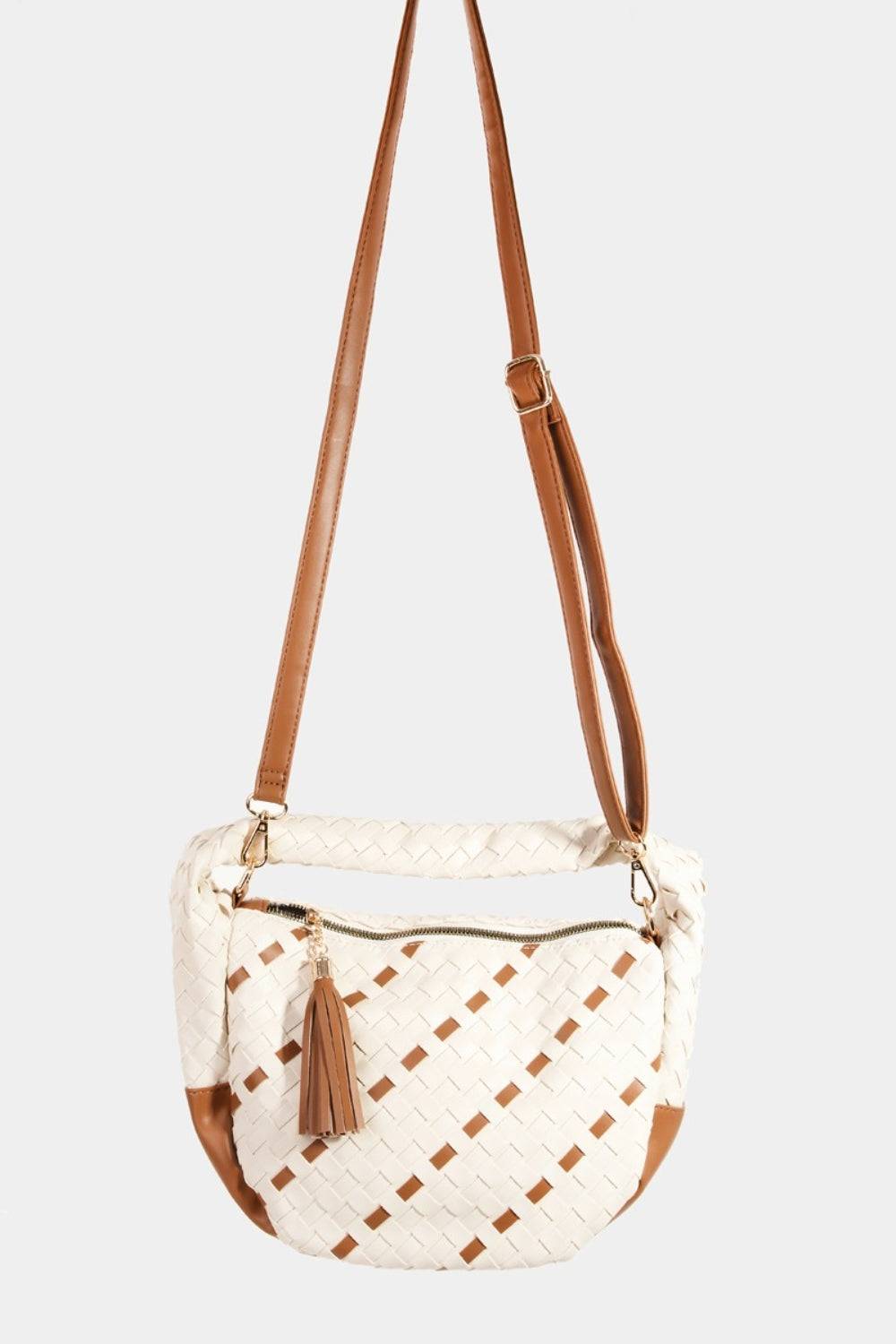 Fame Tassel Detail Weave Semi Circle Bag with faux leather basket weave design.