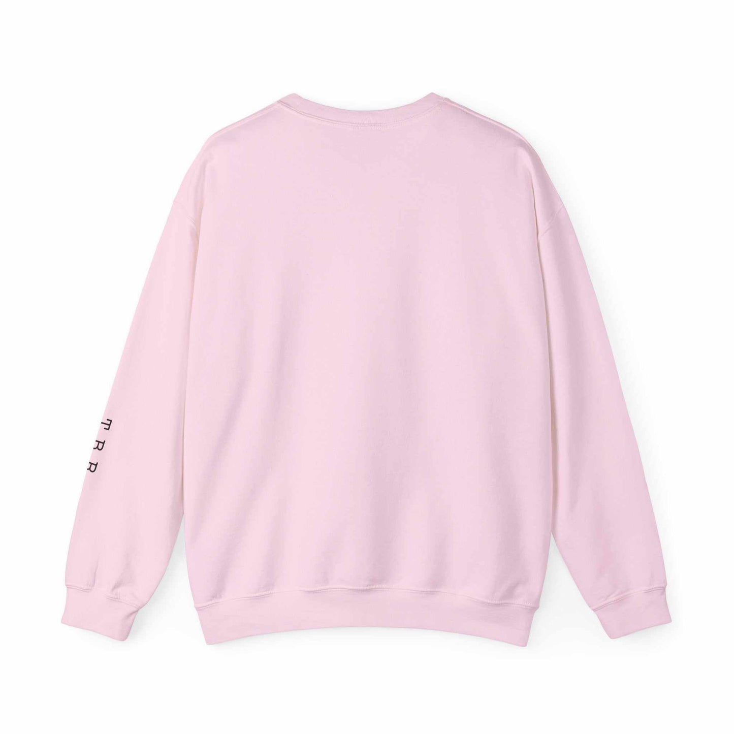 "T. B. R. Tsundoku" crewneck sweatshirt; pink color; back view; T.B.R. initials on sleeve; cozy cotton-polyester blend.