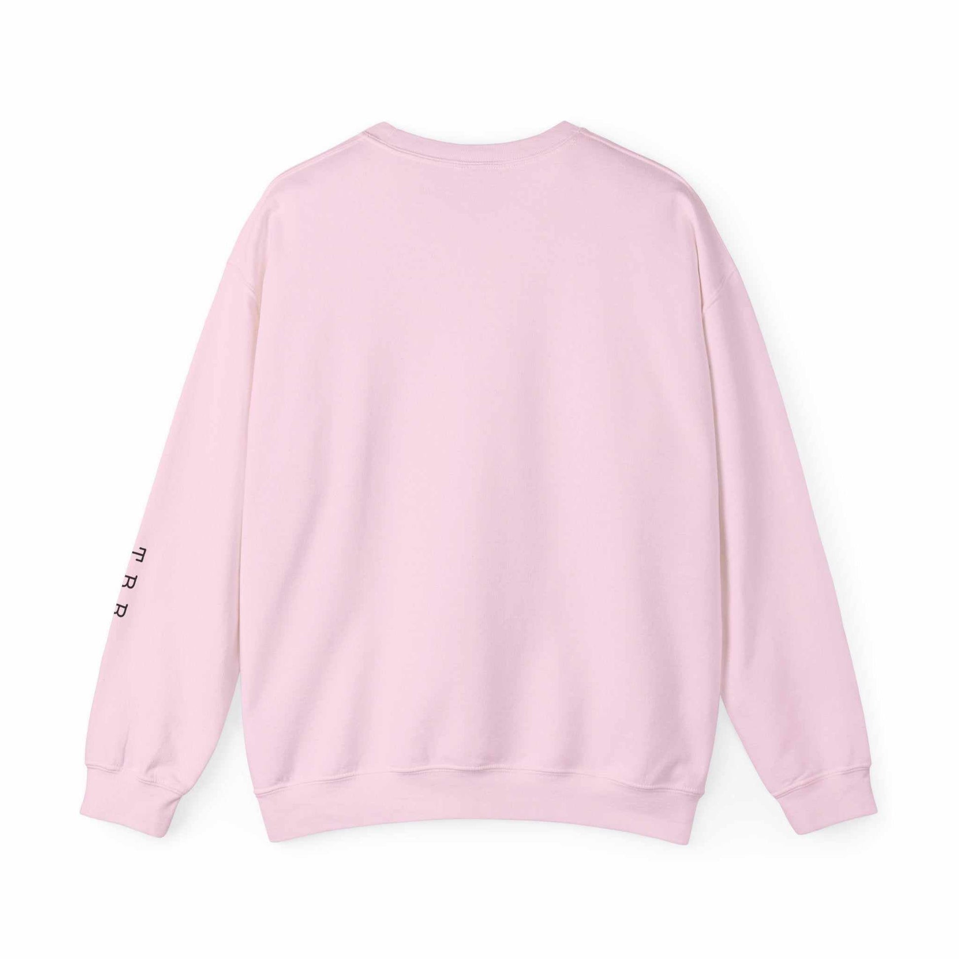 "T. B. R. Tsundoku" crewneck sweatshirt; pink color; back view; T.B.R. initials on sleeve; cozy cotton-polyester blend.