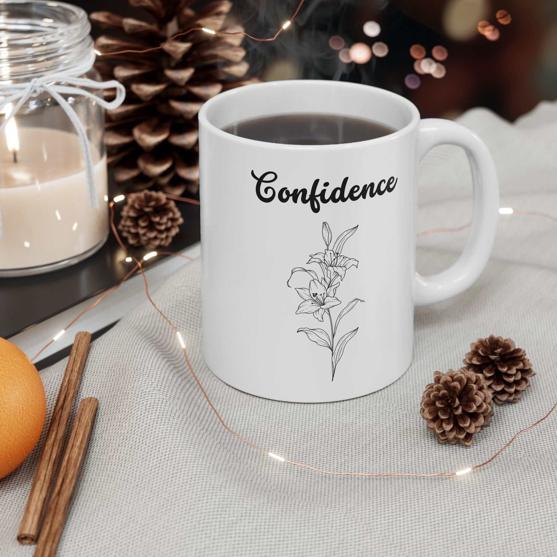 Ceramic mug with confidence lily design, glossy finish, 11oz or 15oz, microwave and dishwasher safe.