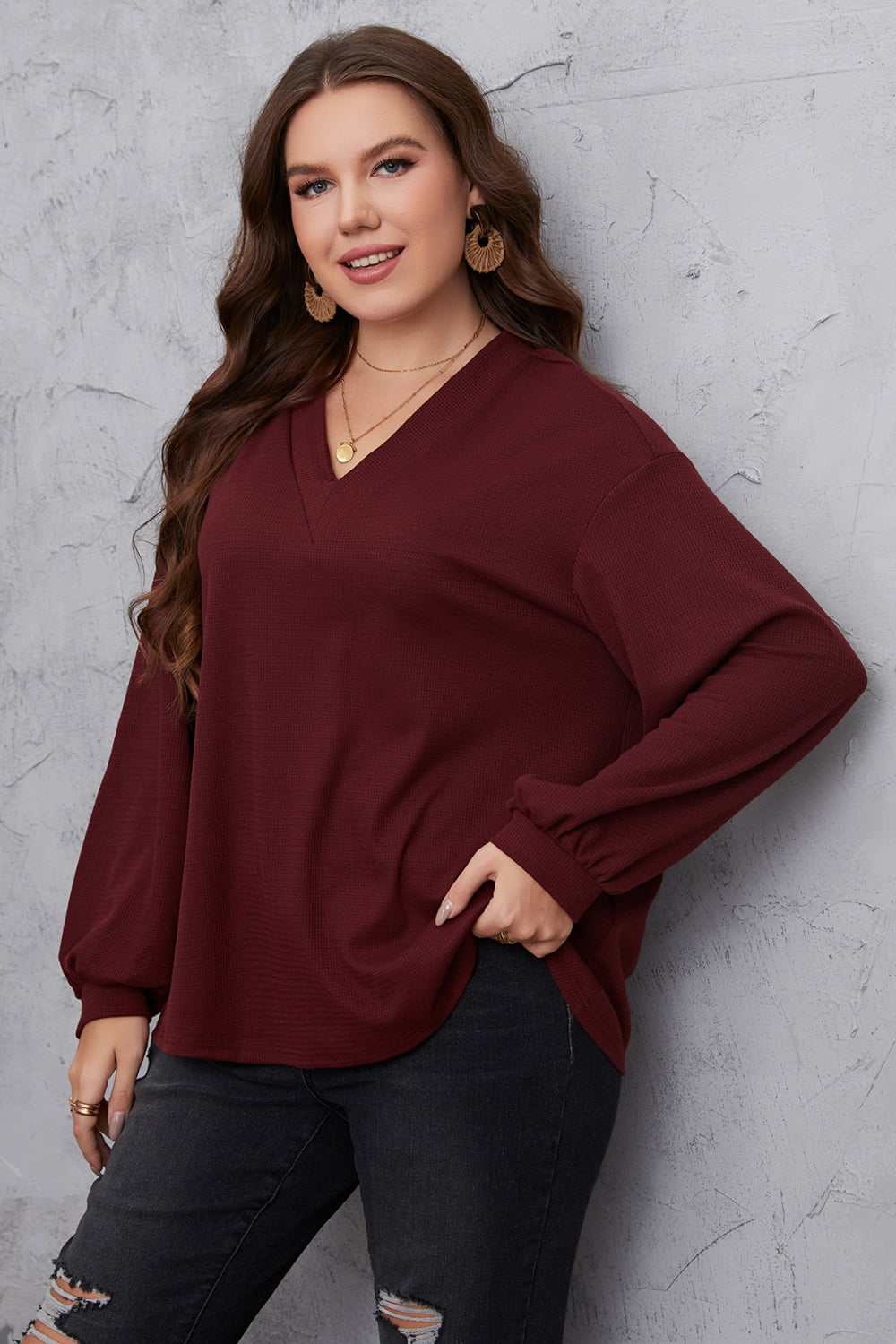 Honey Melo Apparel Plus Size V-Neck Dropped Shoulder Blouse