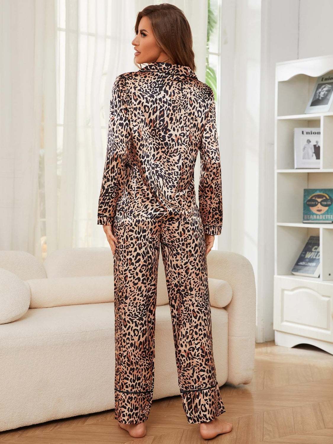 Leopard print button-up long sleeve top and pants lounge set, opaque, two-piece, no stretch.