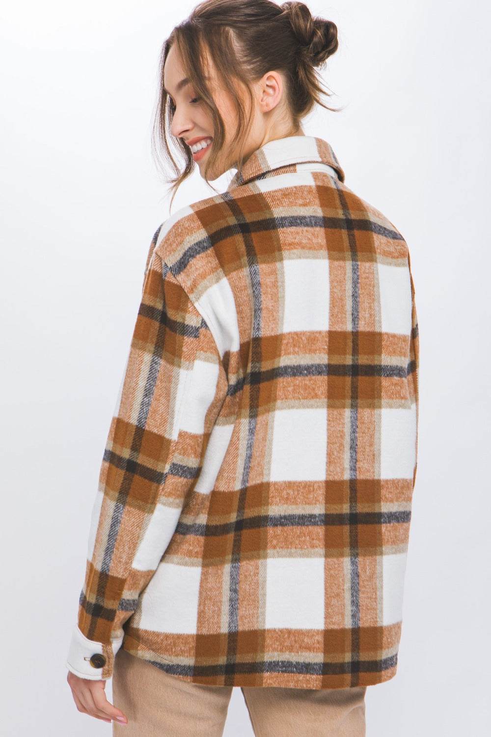 Love Tree Plaid Button Up Shacket - stylish plaid pattern, cozy material, buttoned, perfect for layering.