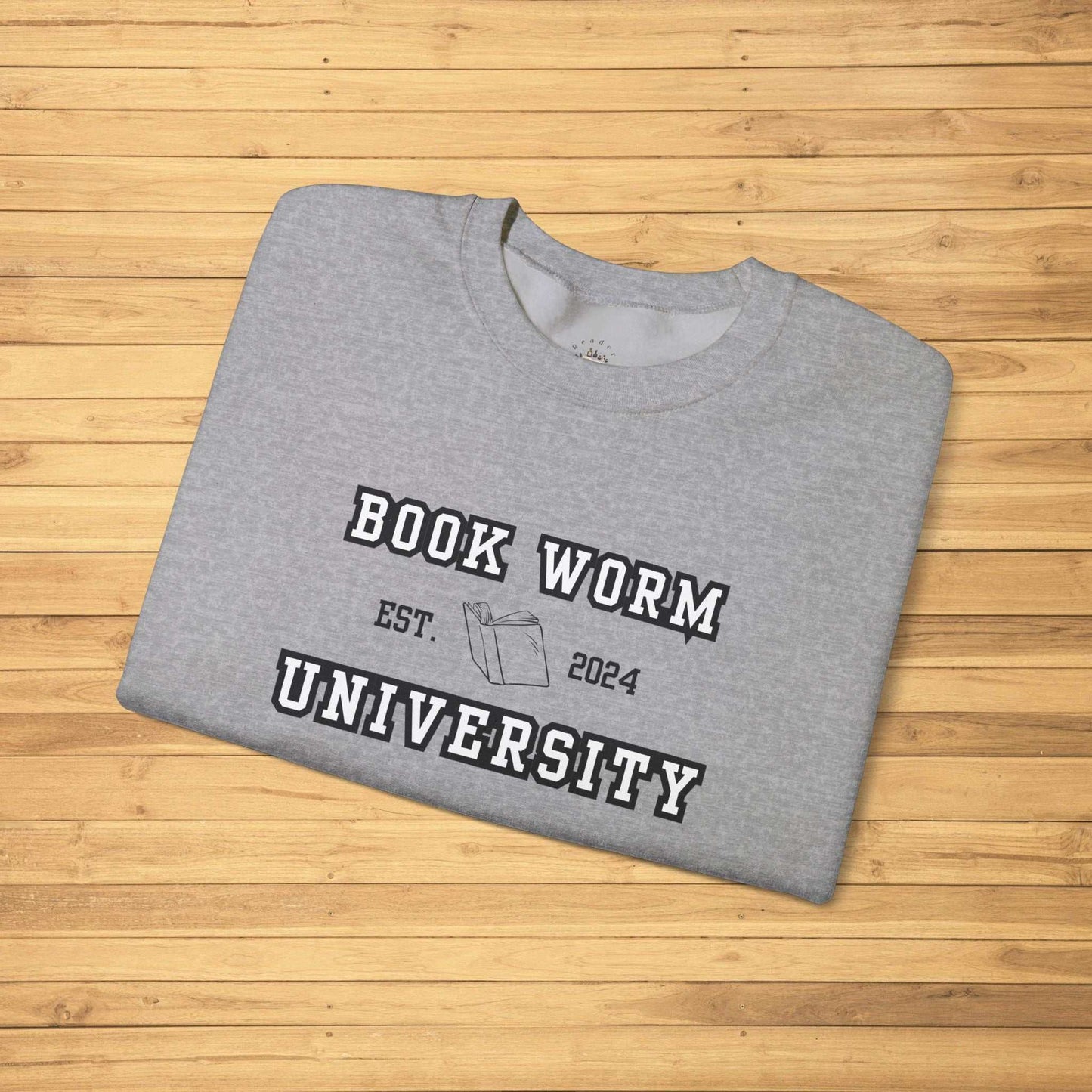 Bookworm University Crewneck Sweatshirt in gray with 'Est 2024' print and book graphic.