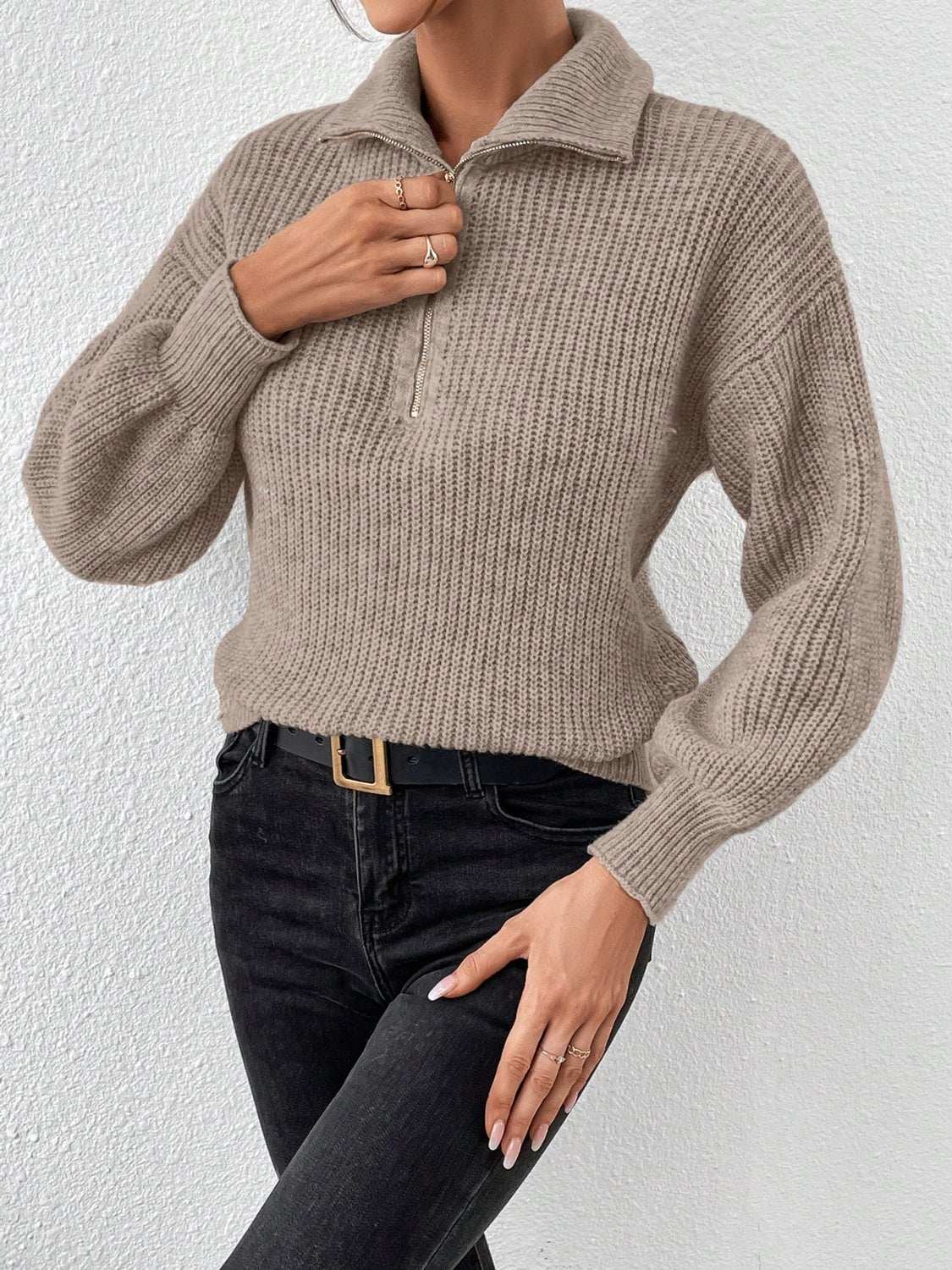 Honey Half Zip Dropped Shoulder Sweater Taupe