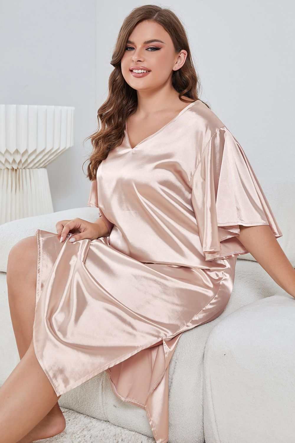 Plus Size Flutter Sleeve V-Neck Side Slit Night Gown