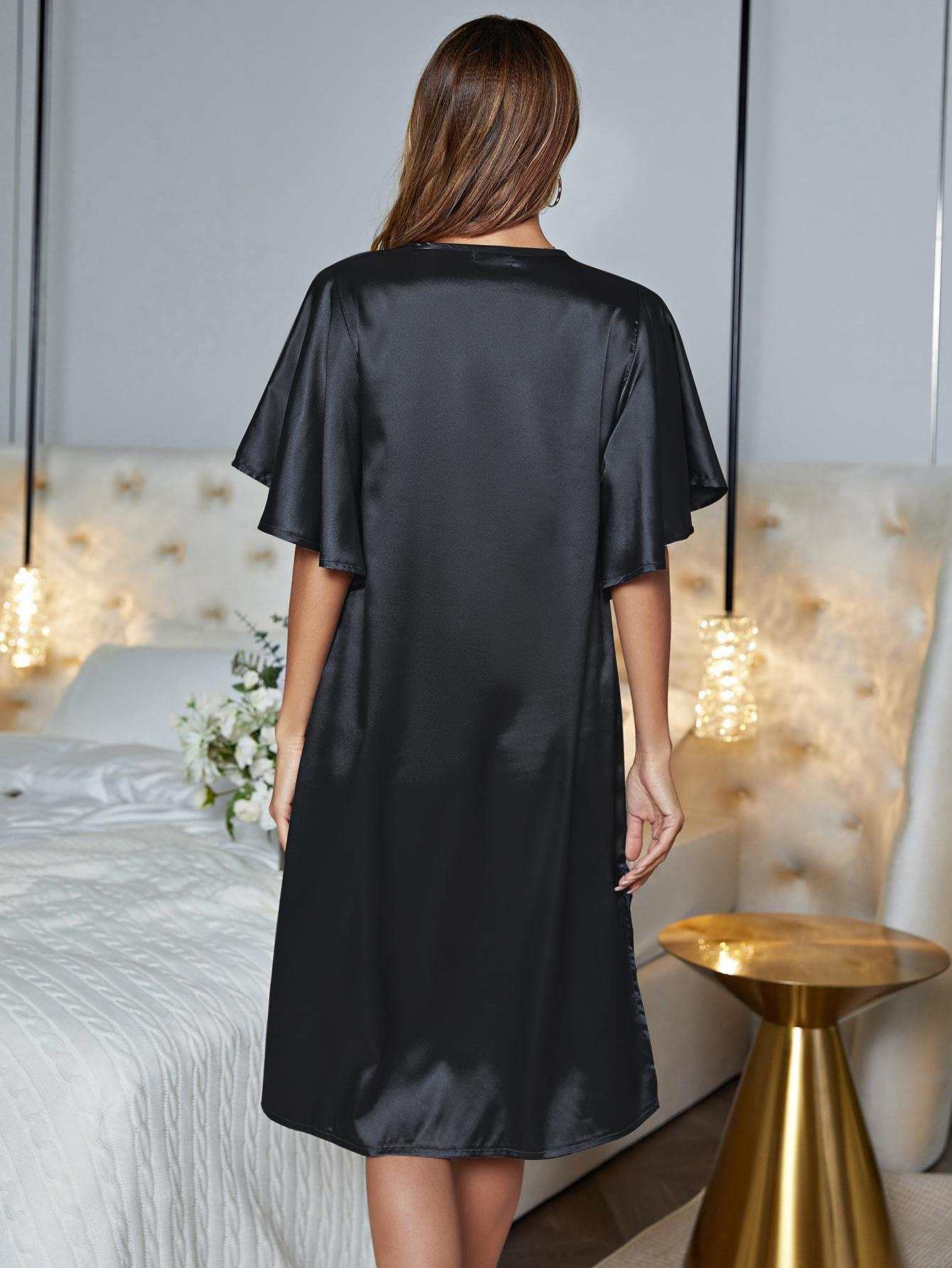 Chic V-Neck Flutter Sleeve Night Dress in black, featuring solid pattern and short sleeves.