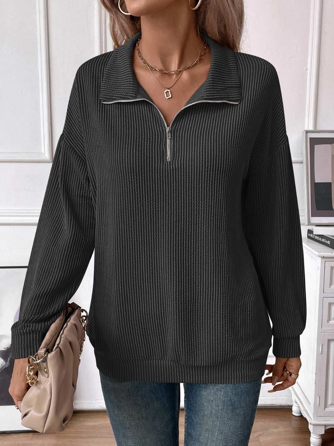 Double Take Striped Half Zip Long Sleeve T-Shirt Success Dark Gray