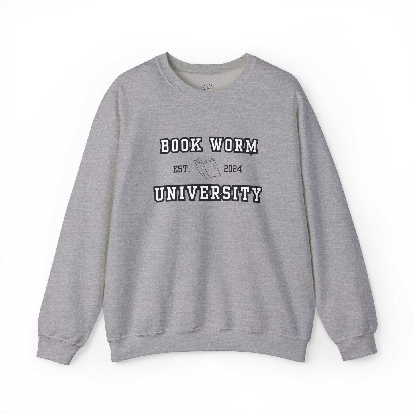 Bookworm University Crewneck Sweatshirt with Est 2024 design and book graphic, medium-heavy cotton blend, ideal for book lovers.