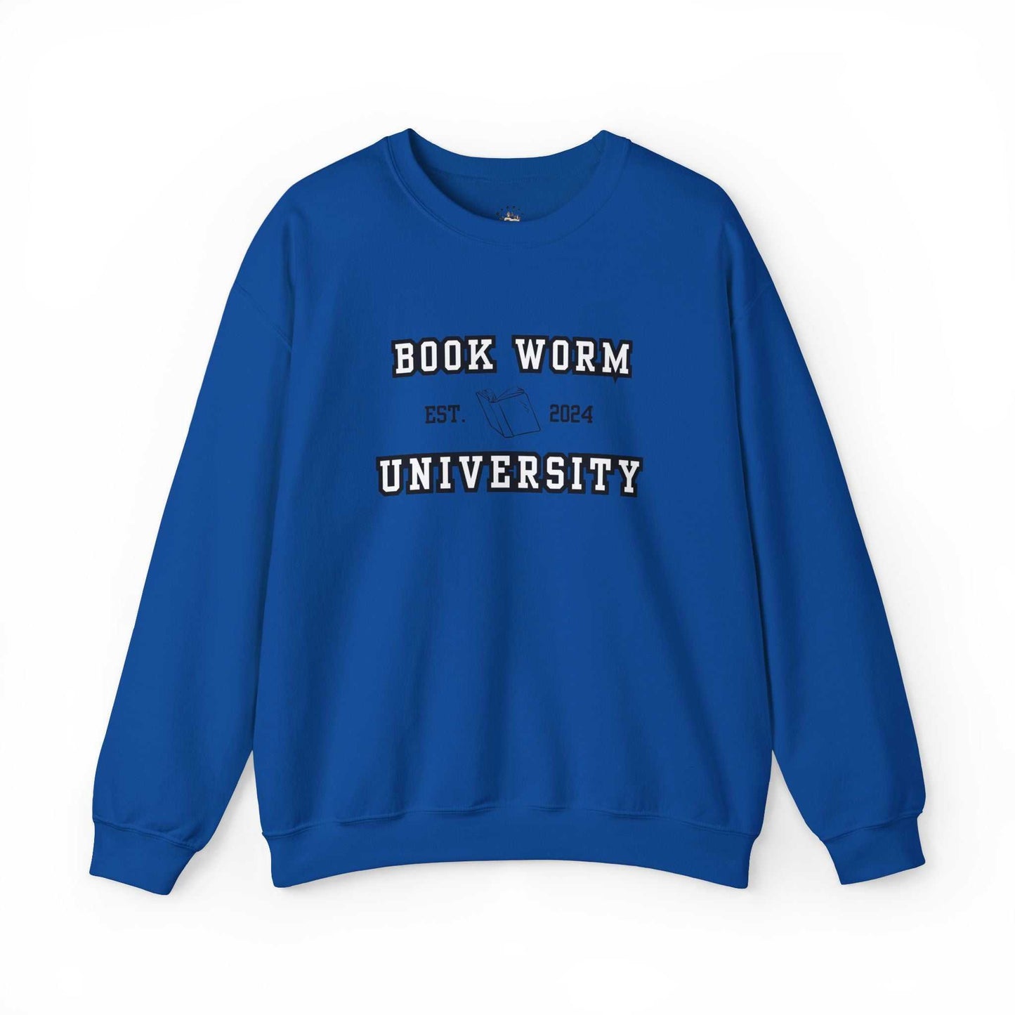 Bookworm University Crewneck Sweatshirt with 'Est 2024' design in blue, featuring a classic fit and medium-heavy fabric blend.