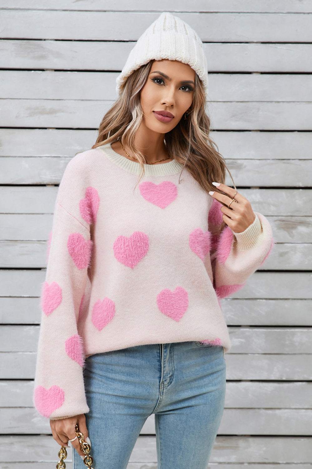 Angel Wings Heart Dropped Shoulder Long Sleeve Sweater Blush Pink