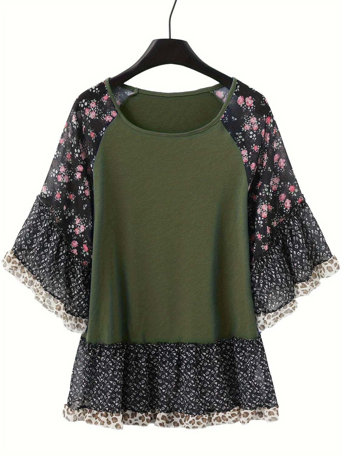 Full Size Frill Printed Round Neck Half Sleeve Blouse in green, floral pattern, 100% polyester.