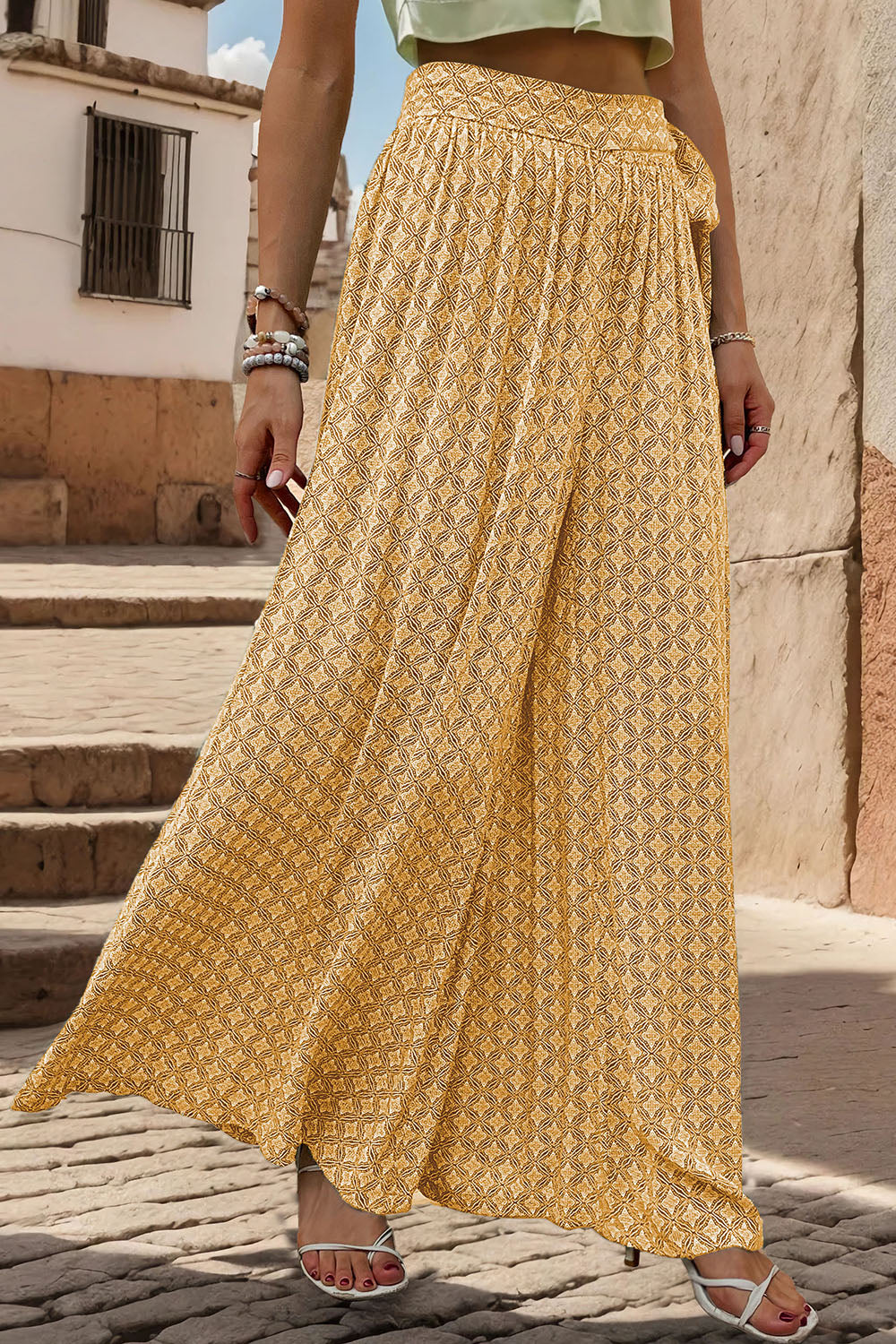 Perfee Printed Tied Wide Leg Pants