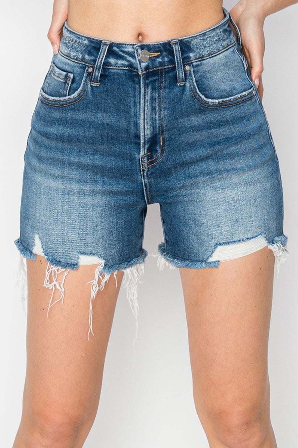 RISEN High Rise Raw Hem Distressed Denim Shorts, trendy summer fashion, edgy design.