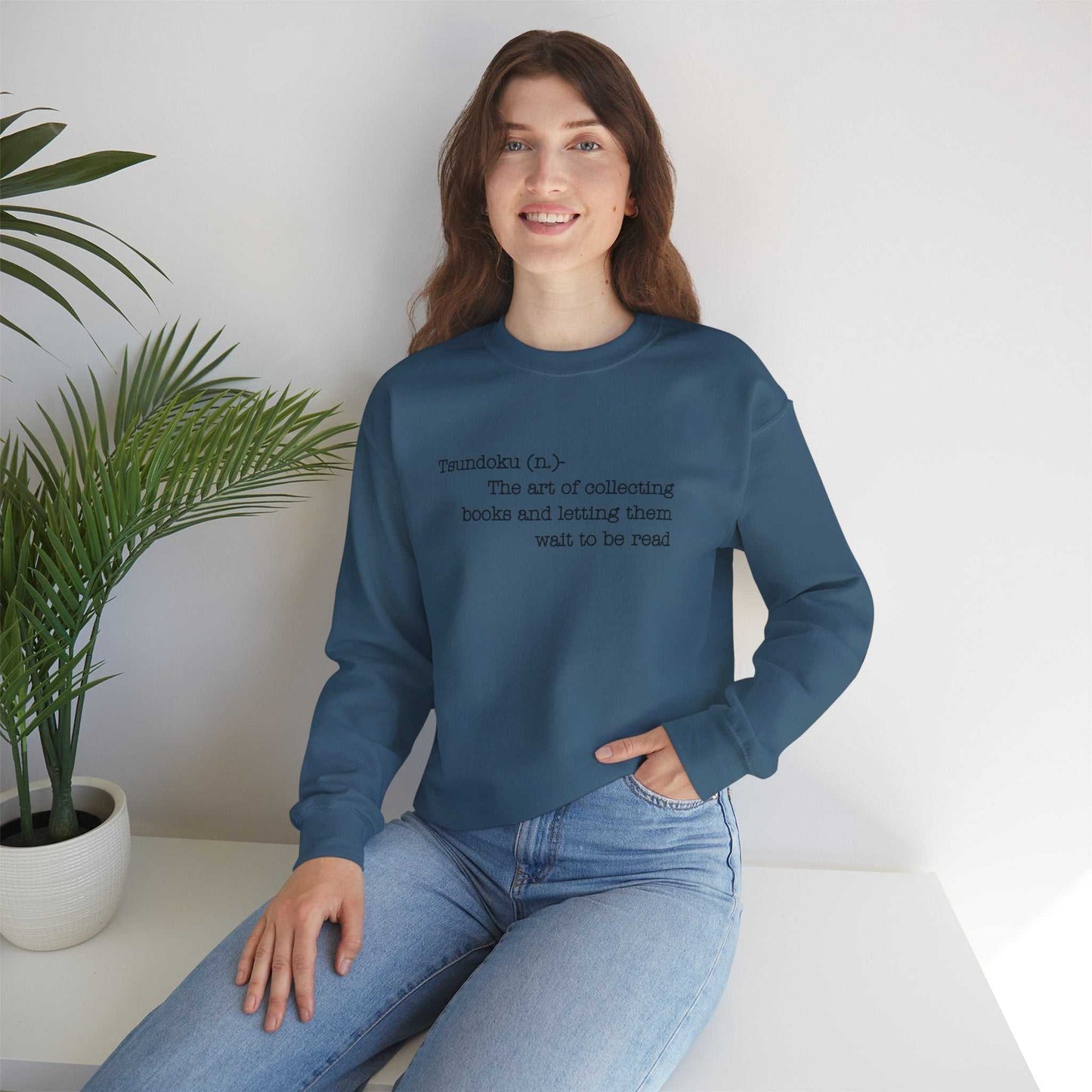 Tsundoku crewneck sweatshirt featuring the definition of "Tsundoku," ideal for avid readers.