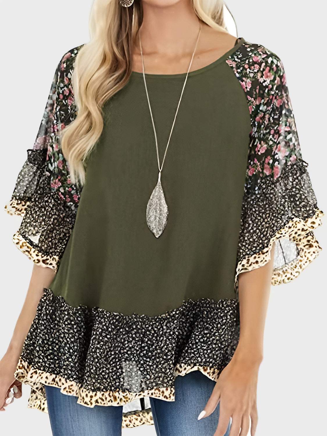 Full Size Frill Printed Round Neck Half Sleeve Blouse with floral design, 100% polyester, available in multiple sizes.