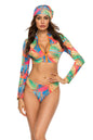 Three-piece printed swim set with zip-up top, long sleeves, and matching bikini.