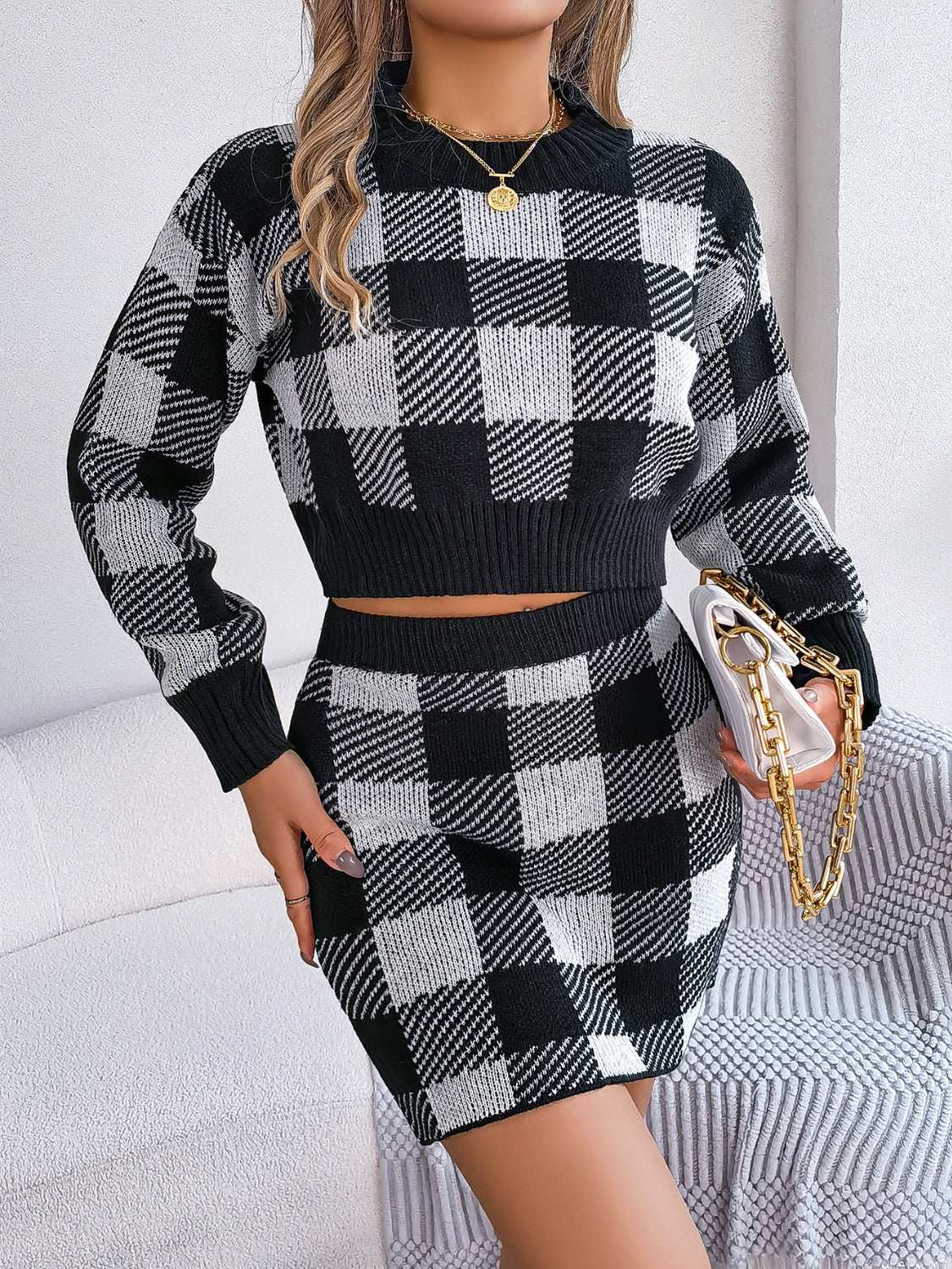 Plaid Round Neck Top and Skirt Sweater Set Black