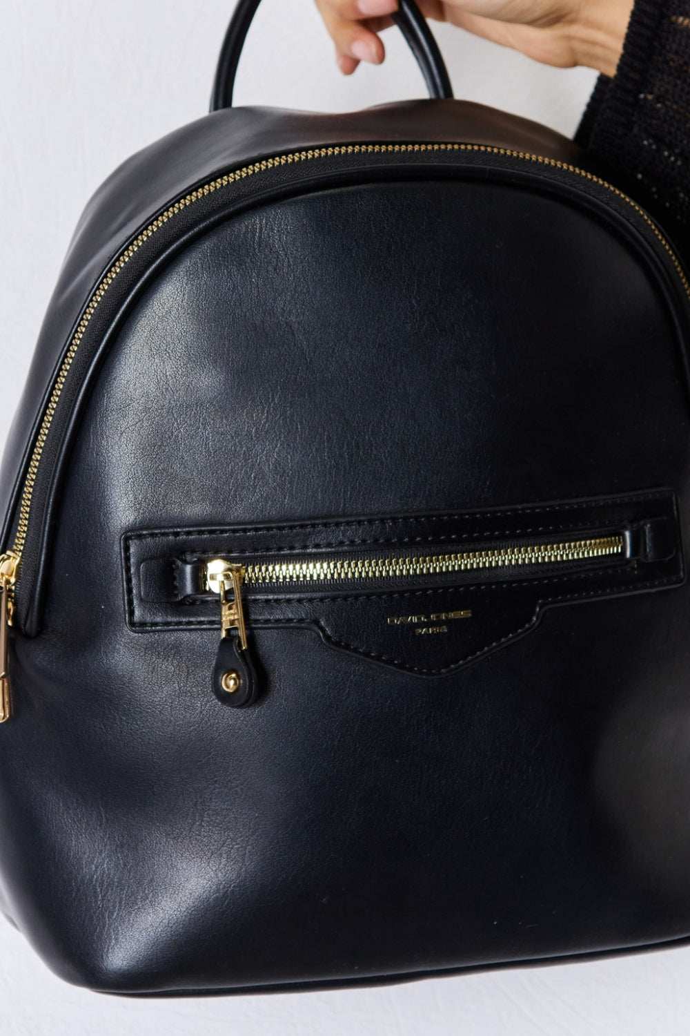 David Jones PU Leather Backpack, medium-sized, sleek black design, durable with spacious interior.