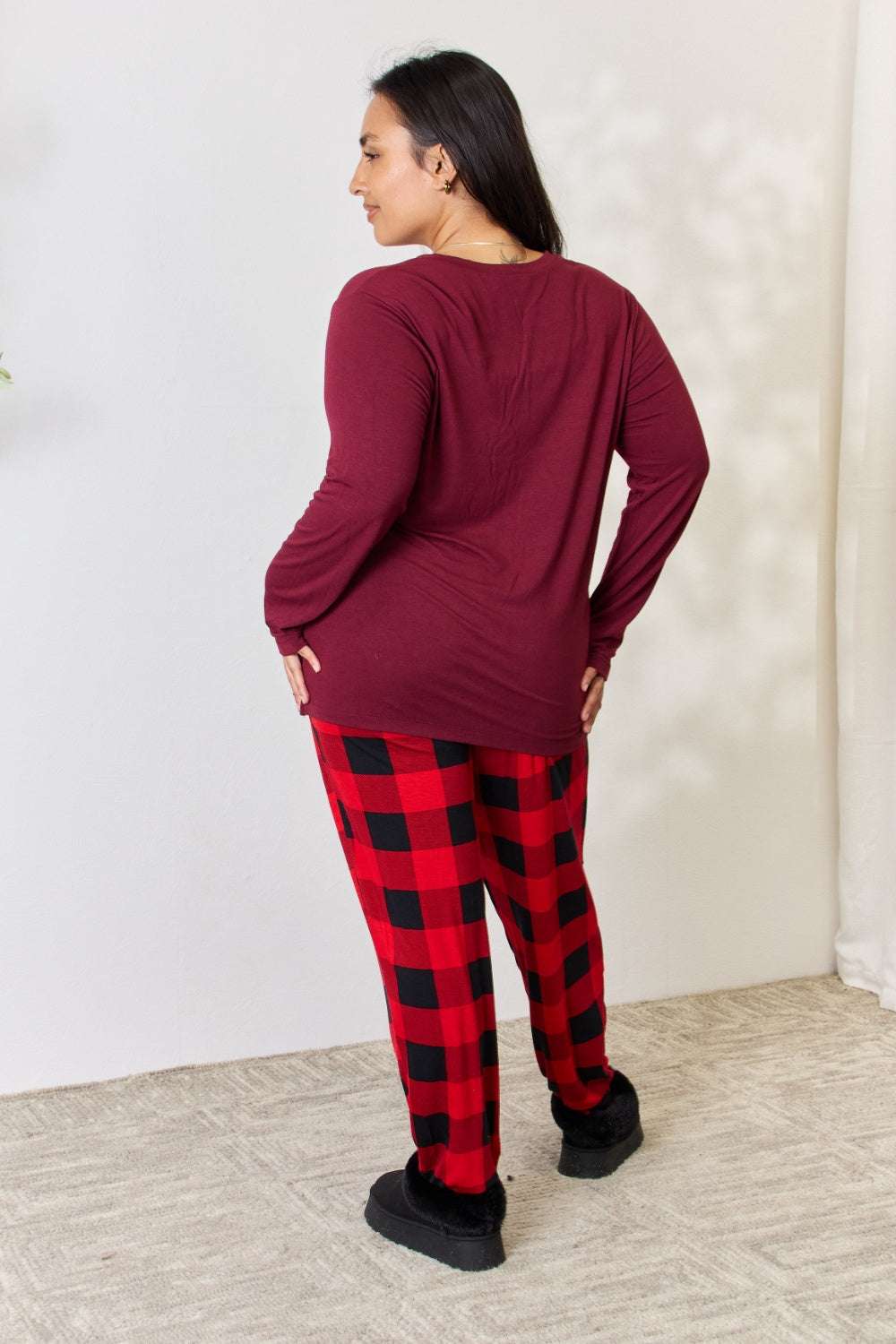 Zenana full size plaid round neck top and pants pajama set with front pocket and side slits, highly stretchy, red and black plaid.