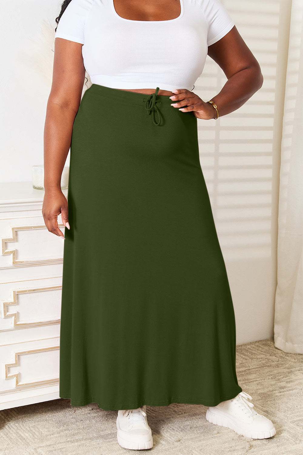 Double Take Full Size Soft Rayon Drawstring Waist Maxi Skirt Dark Green