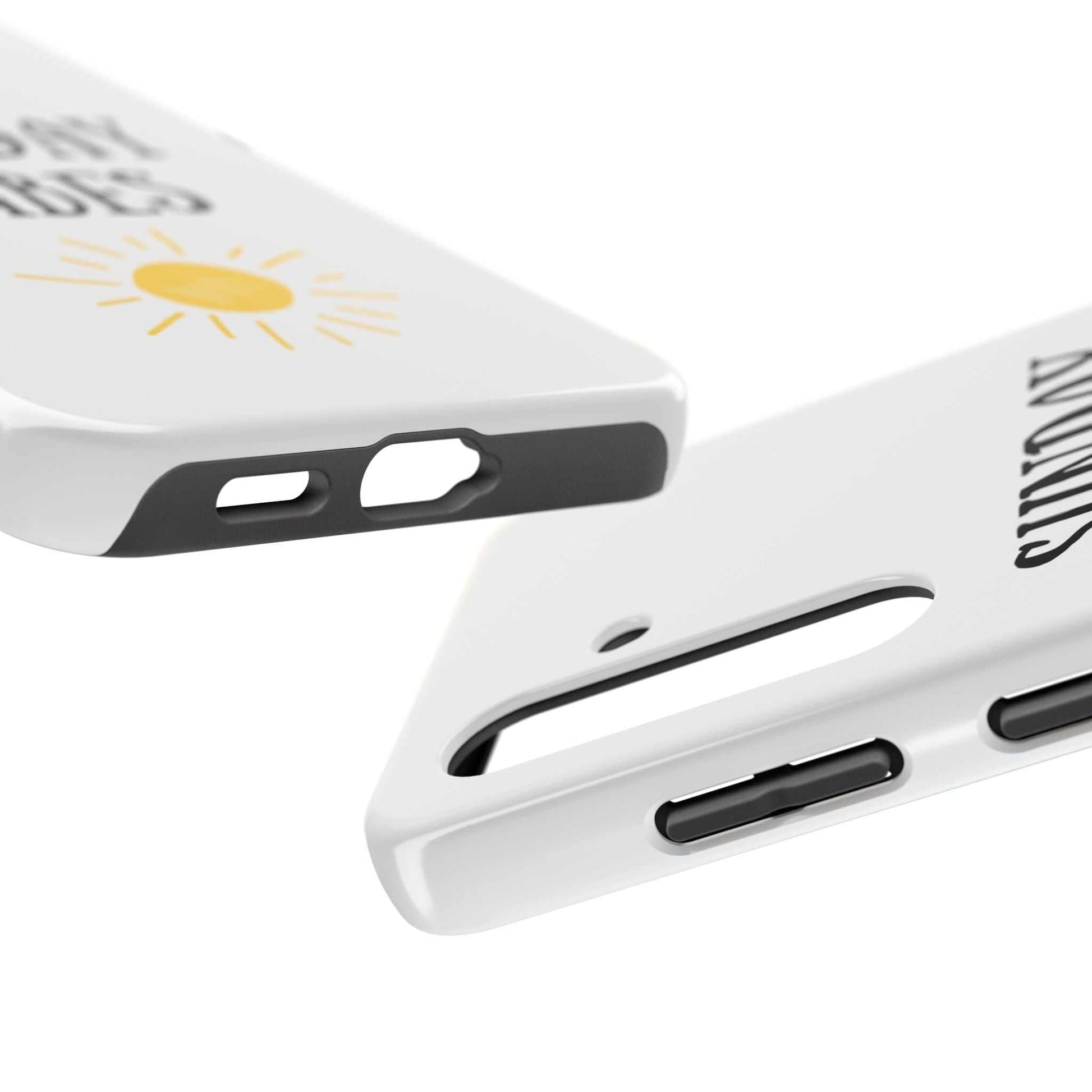 Sunday Vibes phone case with sun graphic, durable Lexan plastic, glossy finish.