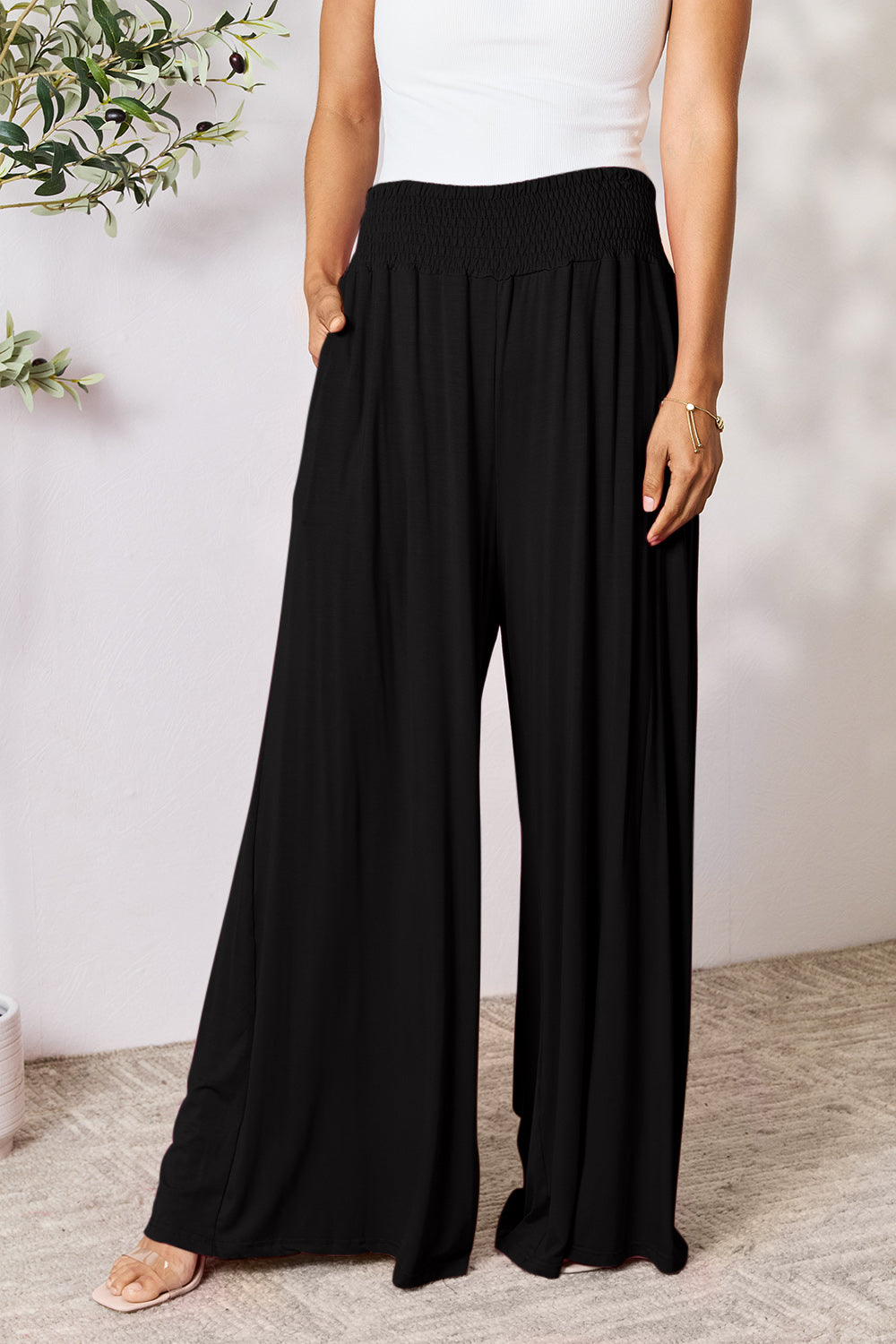 Basic Bae Full Size Smocked Wide Waistband Wide Leg Pants