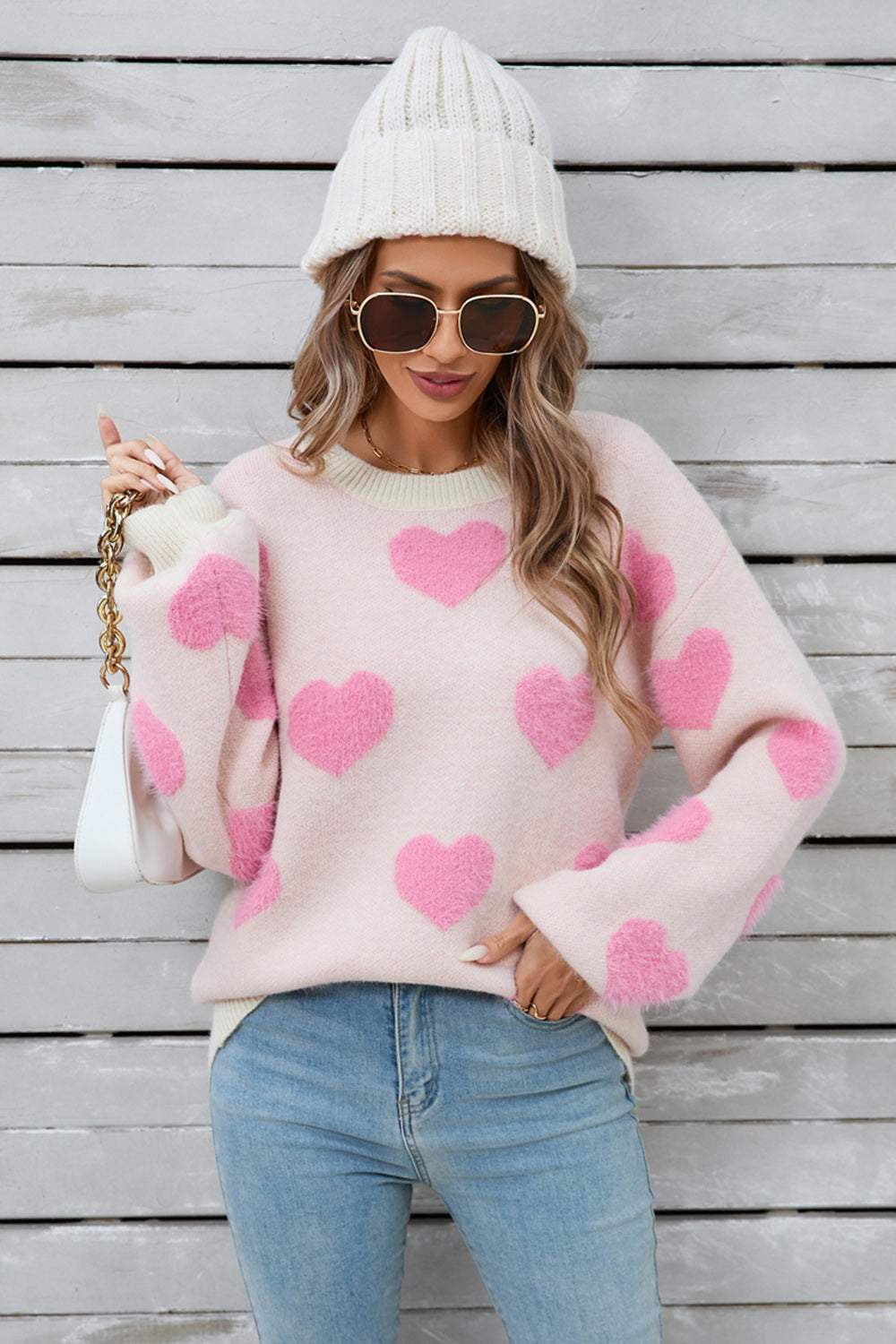 Angel Wings Heart Dropped Shoulder Long Sleeve Sweater Blush Pink