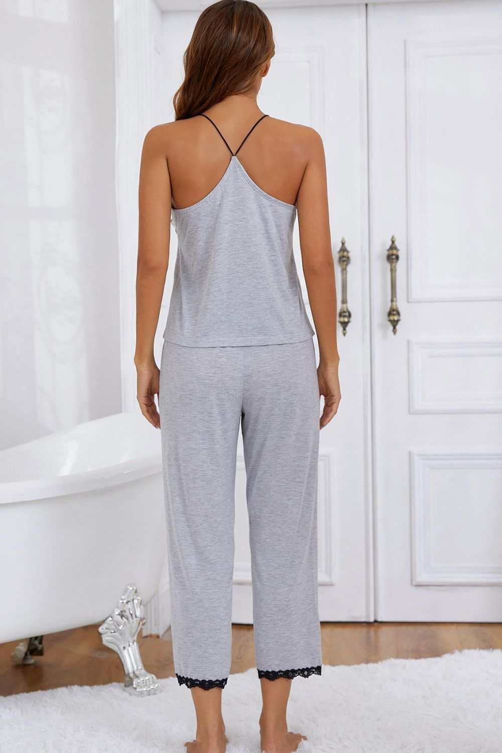 Halter neck cami and lace trim pajama set in gray, minimalist style, sleeveless, slightly stretchy fabric.