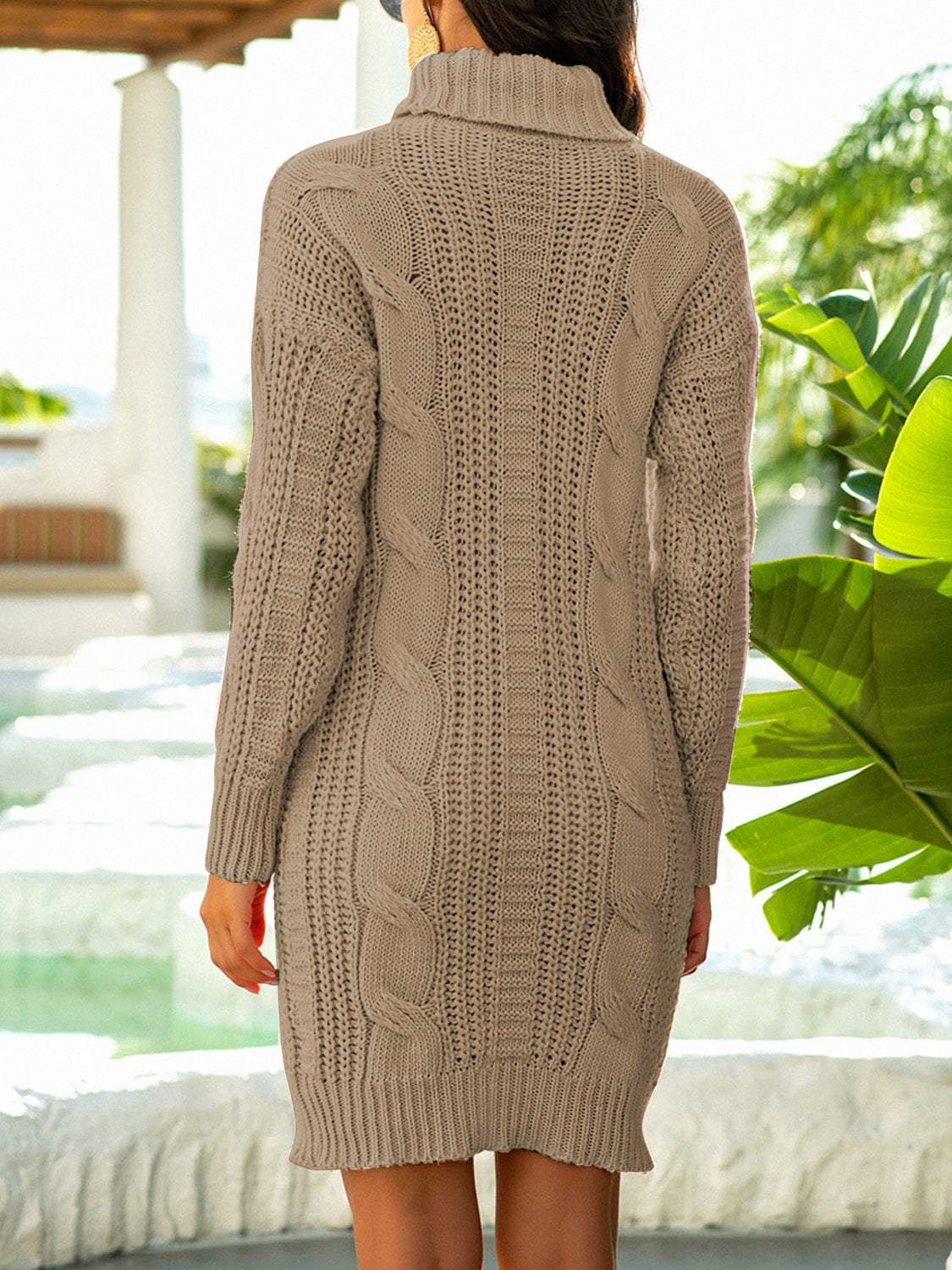 Turtleneck Ribbed Sweater Dress Camel