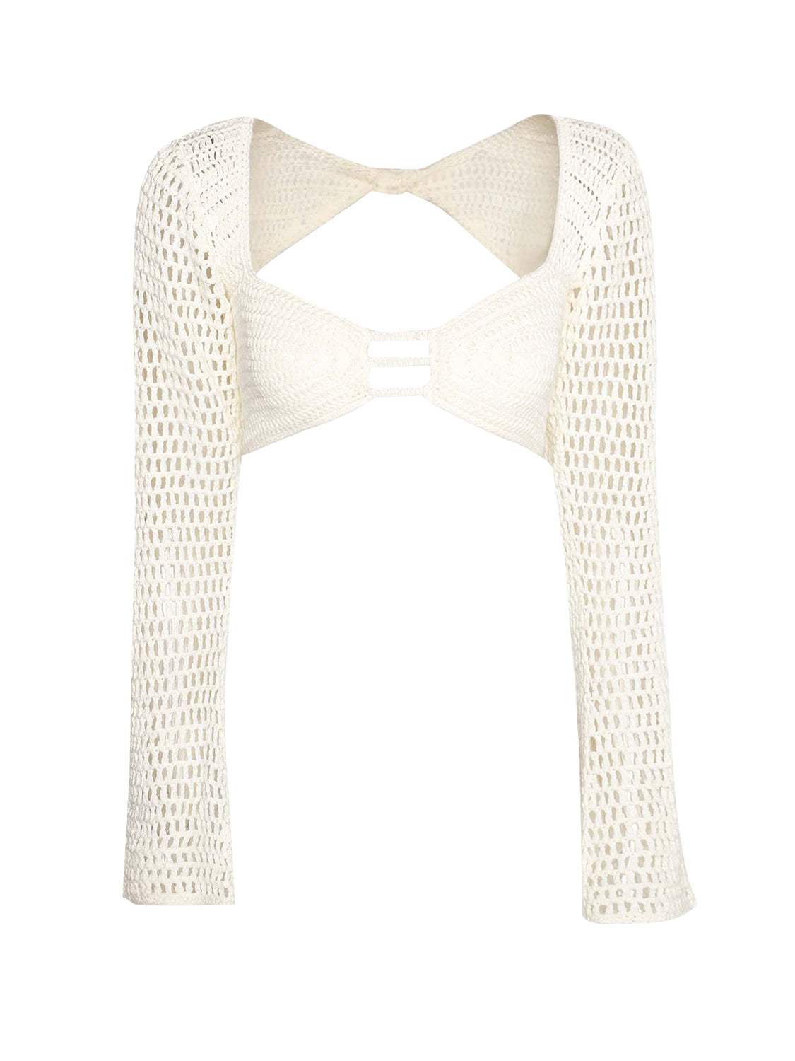 Tied long sleeve top in openwork design, part of a two-piece cover up set.