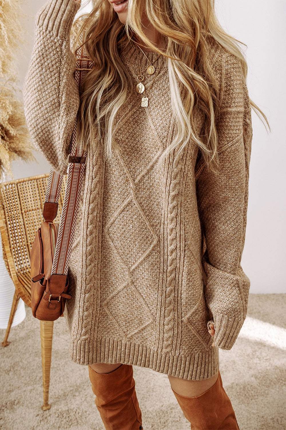 Cable-Knit Round Neck Sweater Dress Tan