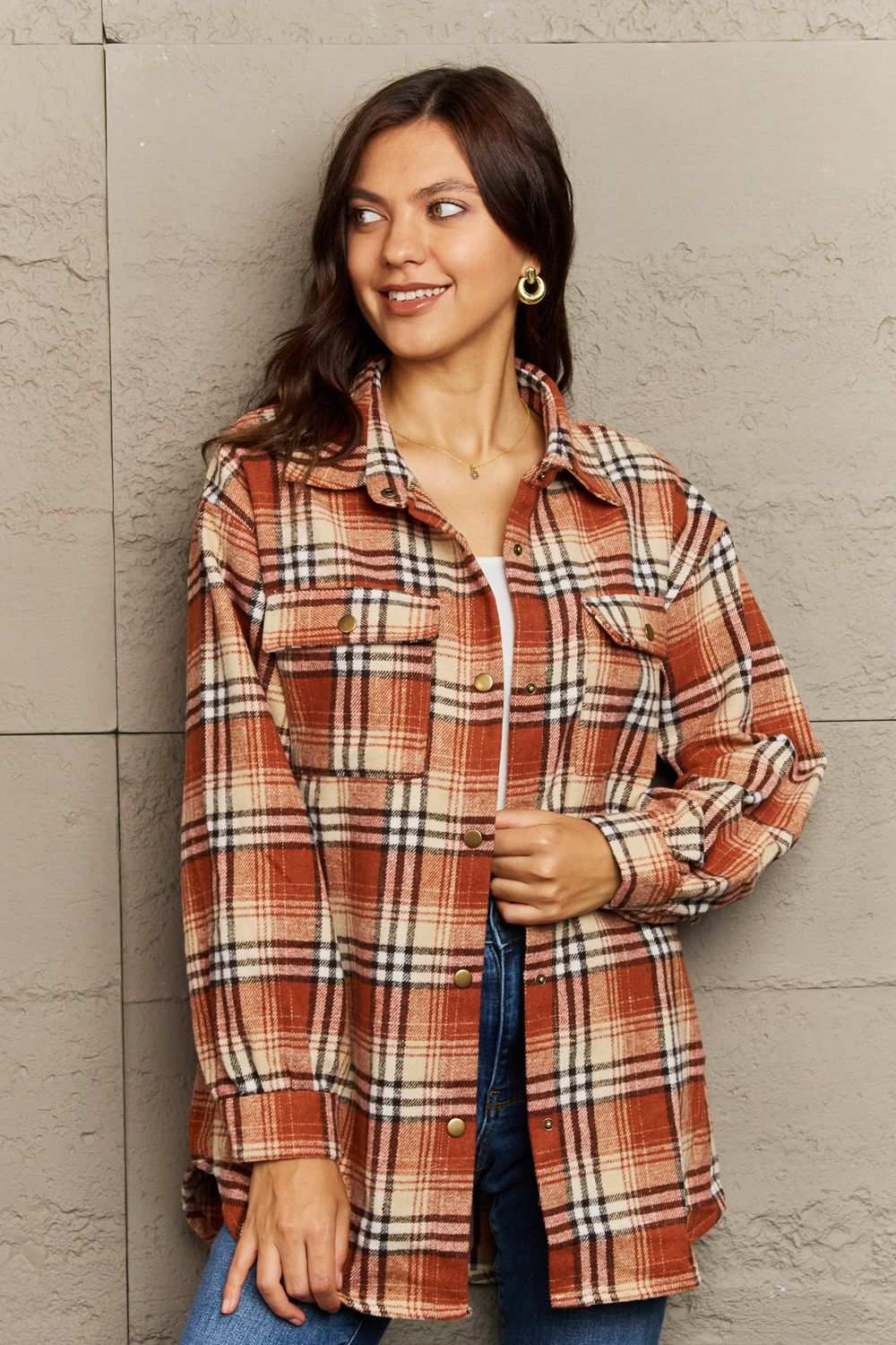 Ninexis Full Size Plaid Collared Neck Button-Down Long Sleeve Jacket Terracotta 