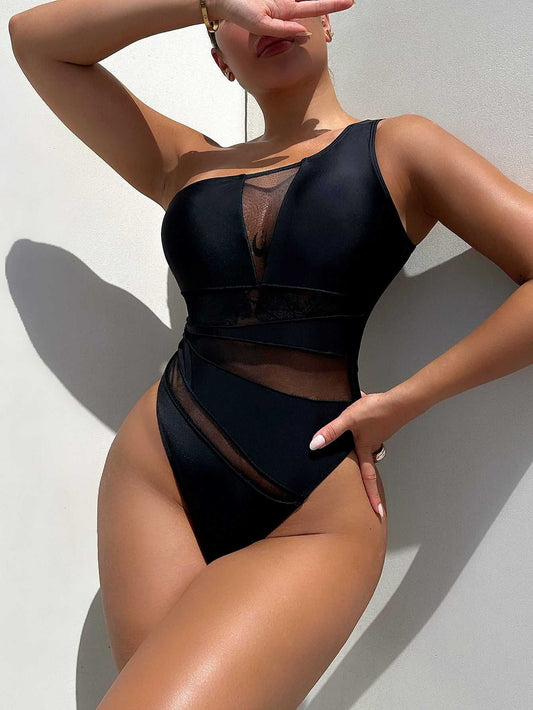 One-shoulder sleeveless one-piece swimsuit in solid black with removable padding and high stretch fabric.