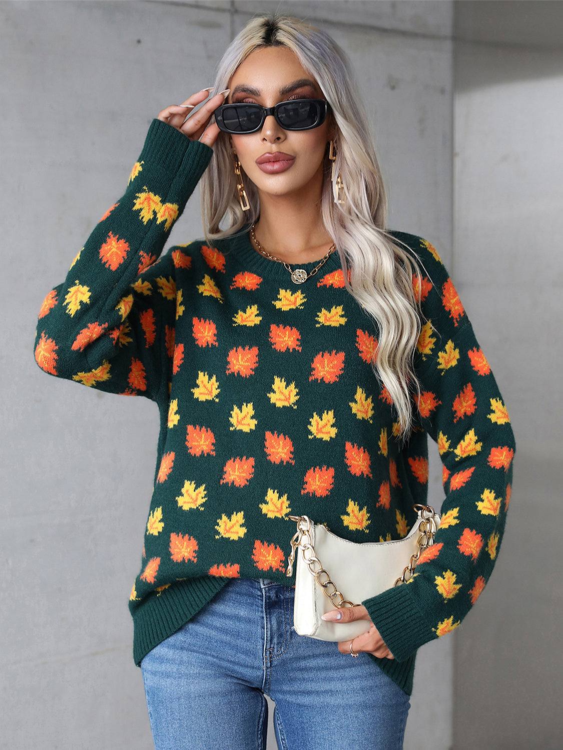 Angel Wings Maple Leaf Round Neck Long Sleeve Sweater Dark Green