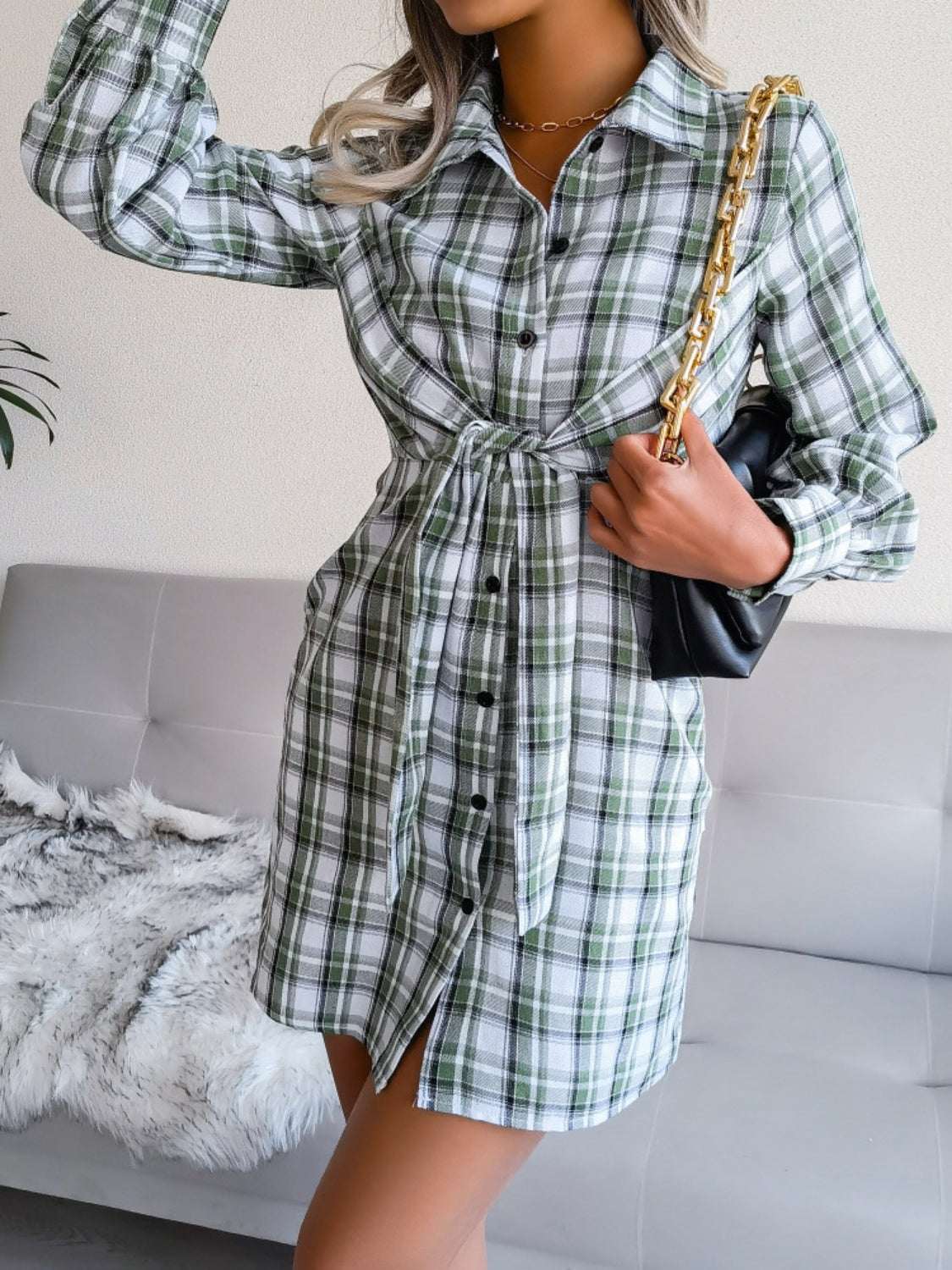 Tied Plaid Long Sleeve Mini Shirt Dress Green